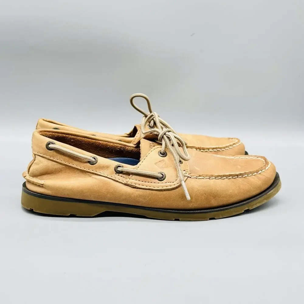 Sperry Shoes Mens 9 Beige Leather Top Sider Boat Deck Moc Toe Casual Non Slip